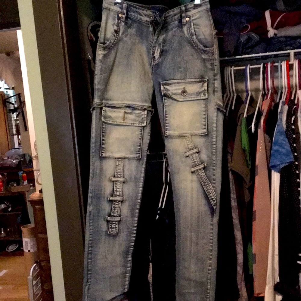 Trendy patchwork jeans size 30 stretchy like new